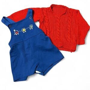 Vintage and handmade baby boy set 12m. 1970s overalls handmade knit sweater